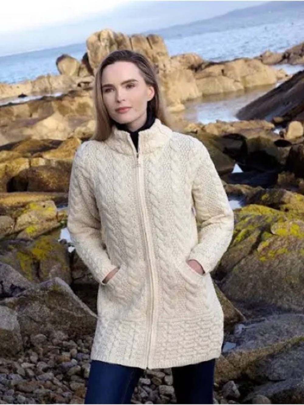 Cream Cable-Knit Zip-Front Long Cardigan Sweater